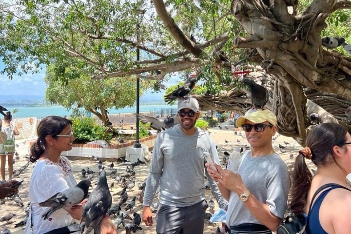 a group of people standing next to a tree
