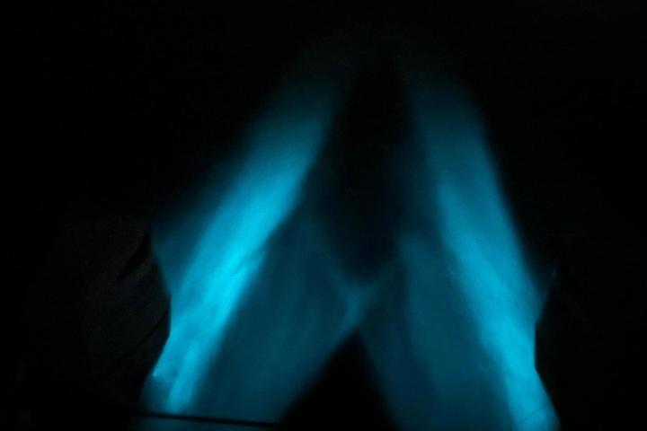 Bioluminescent blue light trails in dark water possibly from boat movement.