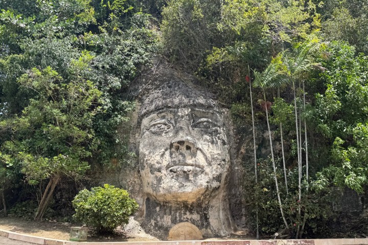 Large stone face carved into lush hillside with surrounding trees.