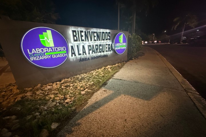 Illuminated sign reading 'Bienvenidos a La Parguera' on a sidewalk at night.